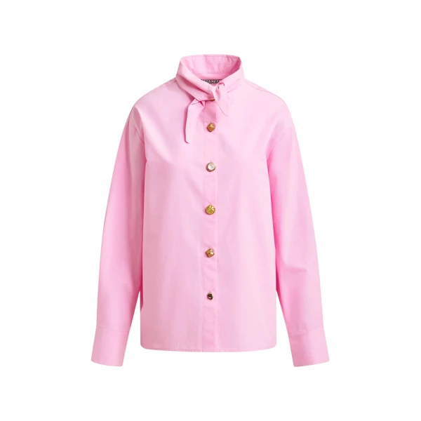 Light pink cotton shirt with elongated collar and mismatched buttons
