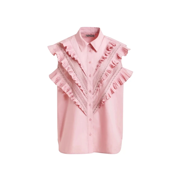 Light pink embellished sleeveless cotton shirt with ruffle details