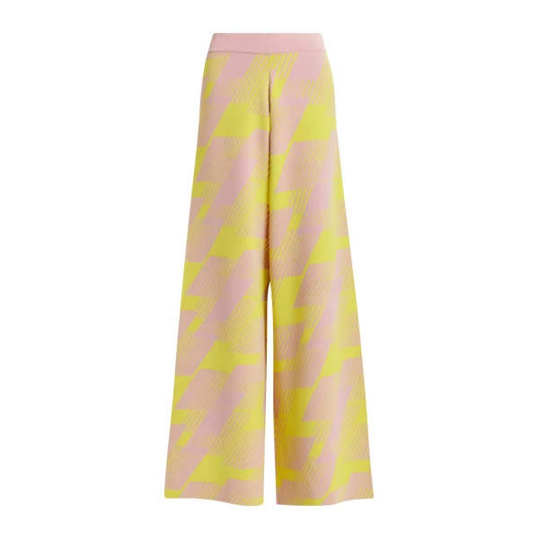 Light pink flared knitted pants with yellow jacquard pattern