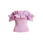 Light pink off-shoulder knit top with ruffle trim