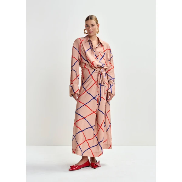red and blue checked oversized maxi dress