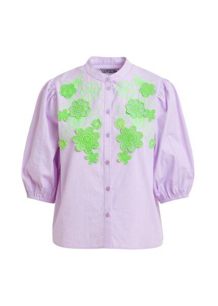Light purple and green cotton shirt with appliqué flowers with mandarin collar