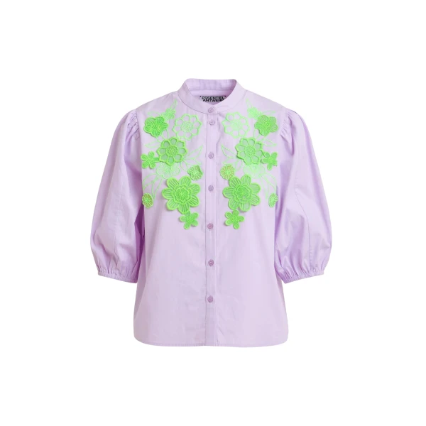 Light purple and green cotton shirt with appliqué flowers with mandarin collar