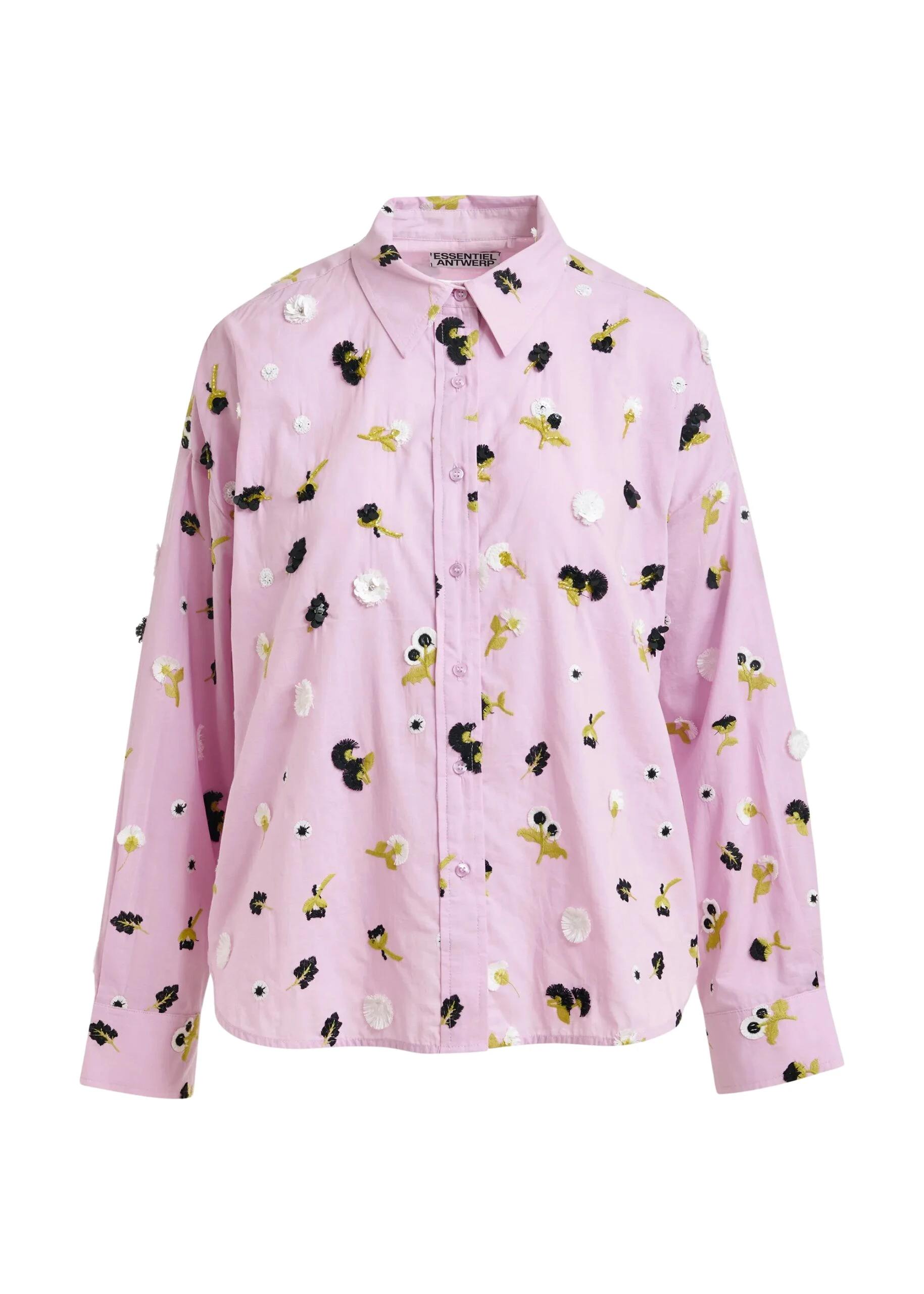 Essentiel-Antwerp-Light-purple-cotton-shirt-with-black-white-and-yellow-flower-sequin-rhinestone-and-bead-embellishments-scaled51612_nobg Light purple cotton shirt with black
