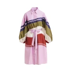 Lilac and multicolor oversized cotton shirt dress with placed stripe print