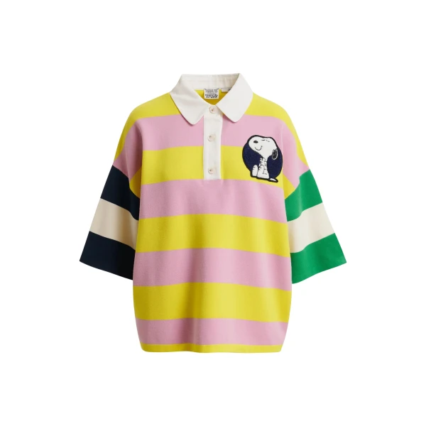 Lilac and yellow striped polo sweater with Peanuts™ patch and text