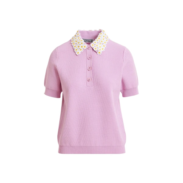 Lilac fine knit polo top with white and yellow floral embellished collar