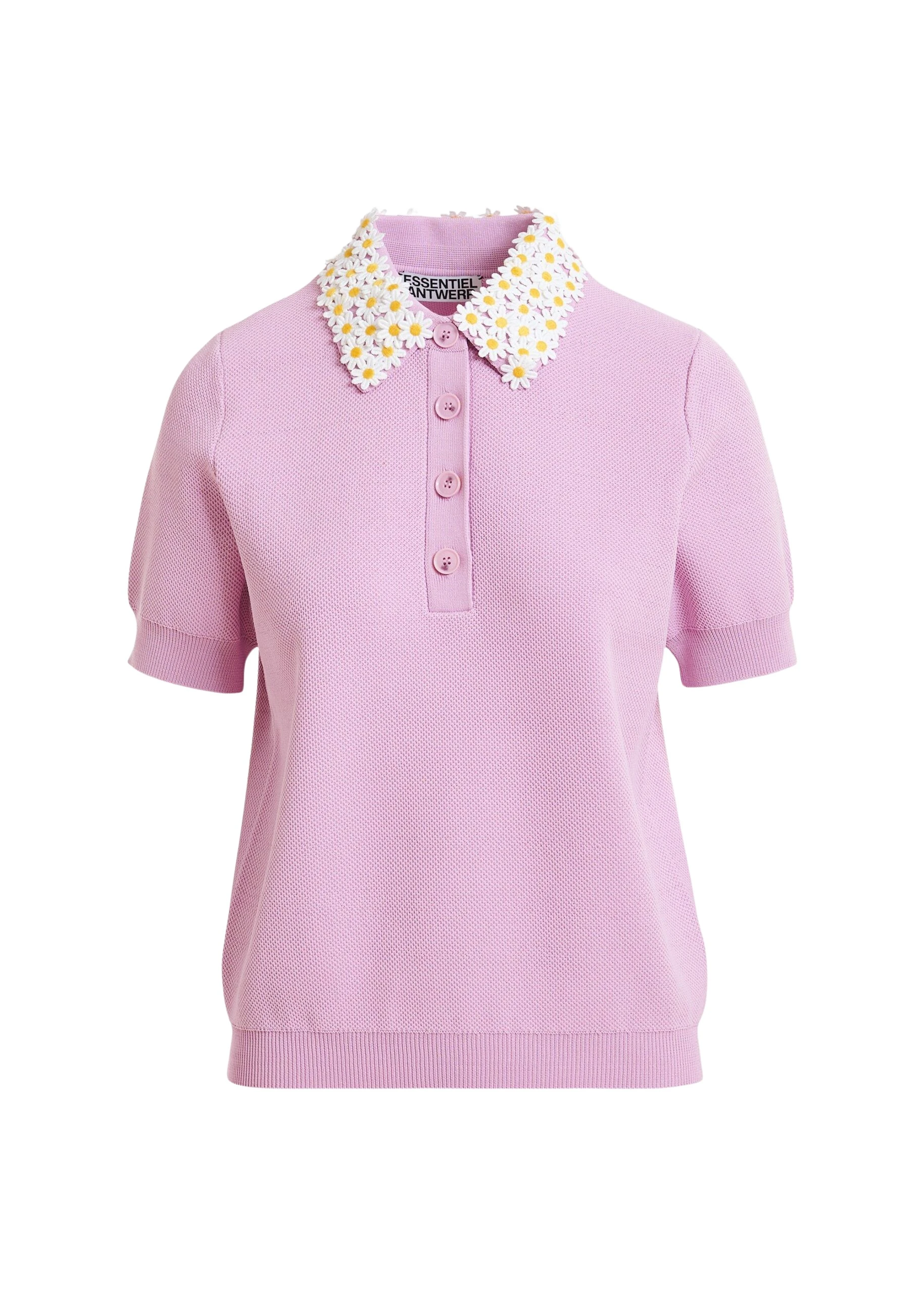 Essentiel-Antwerp-Lilac-fine-knit-polo-top-with-white-and-yellow-floral-embellished-collar-scaled19692_nobg Lilac fine knit polo top with white and yellow floral embellished collar