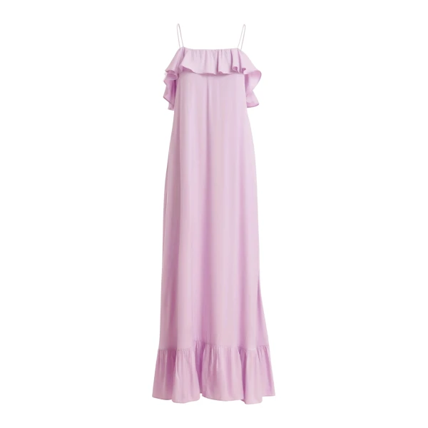 Lilac maxi dress with ruffled neckline and tie-back detail