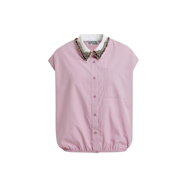 Lilac sleeveless cotton shirt with embellished collar