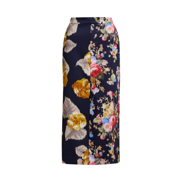 Navy and multicolor dual floral print maxi skirt
