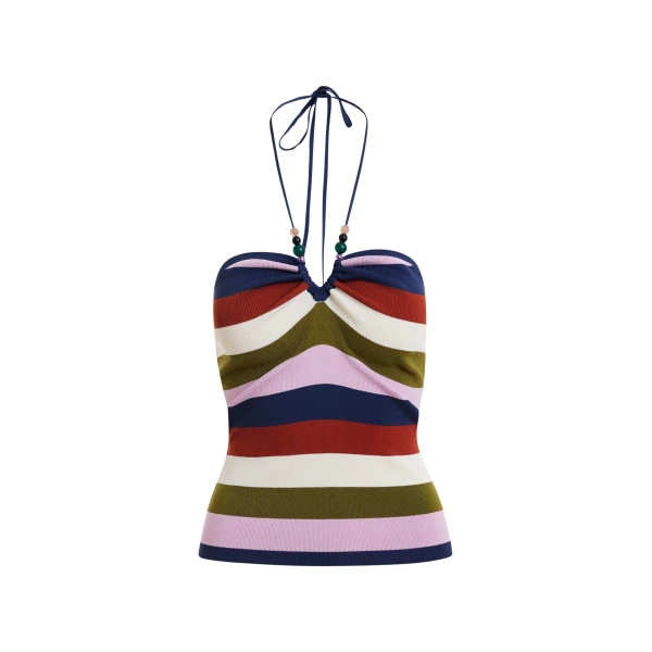 Navy and multicolor striped halterneck knit top