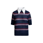 Navy and multicolor striped honeycomb knit polo with rhinestone-embellished detachable collar