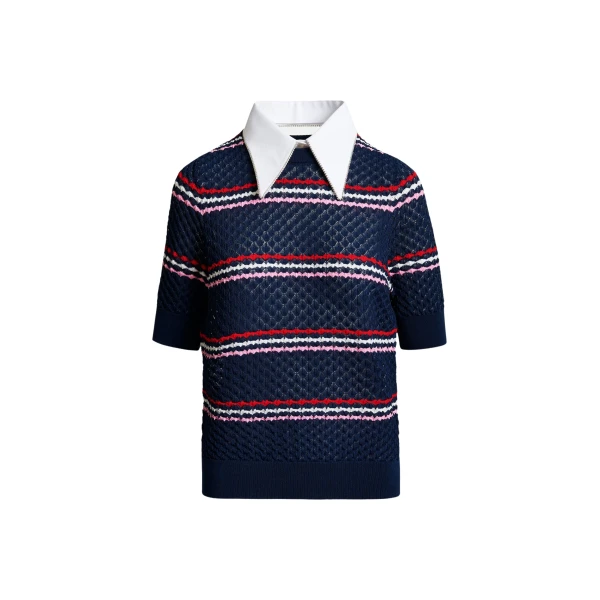 Navy and multicolor striped honeycomb knit polo with rhinestone-embellished detachable collar