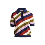 Navy and multicolor striped knit polo with constrasting buttons
