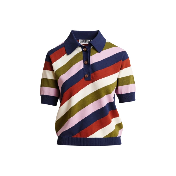 Navy and multicolor striped knit polo with constrasting buttons