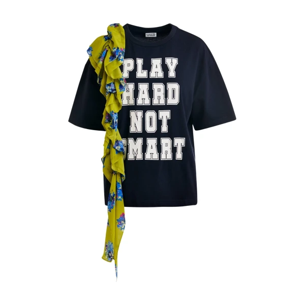 Navy and white printed cotton T-shirt with green cascading frills