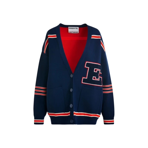 Navy appliquéd cardigan with red stripes