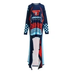 Navy asymmetrical graphic jersey mini dress with red and light blue Peanuts™ print