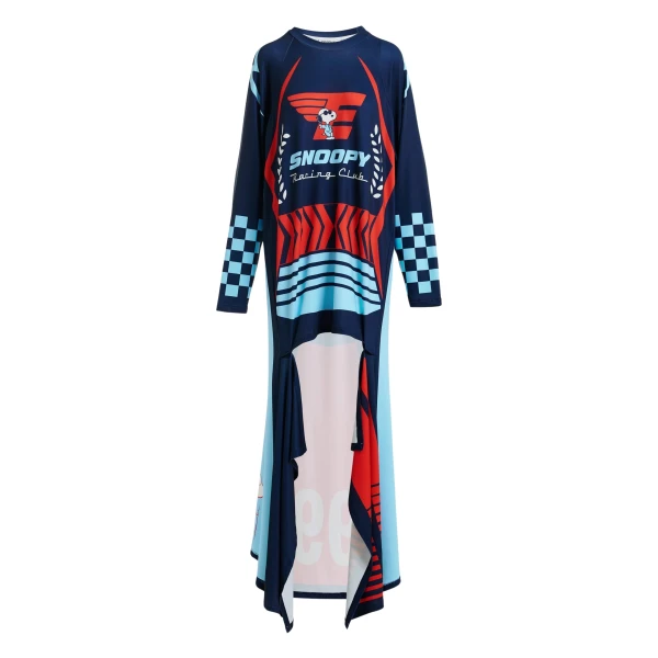 Navy asymmetrical graphic jersey mini dress with red and light blue Peanuts™ print