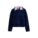 Navy cardigan with contrasting purple and dark green ruffle collar