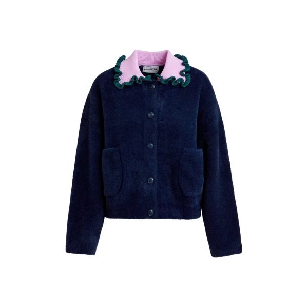 Navy cardigan with contrasting purple and dark green ruffle collar