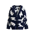 Navy cardigan with white letter print and rhinestone buttons
