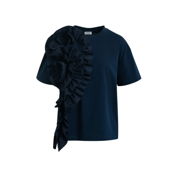 Navy cotton T-shirt with oversized floral ruffle detail