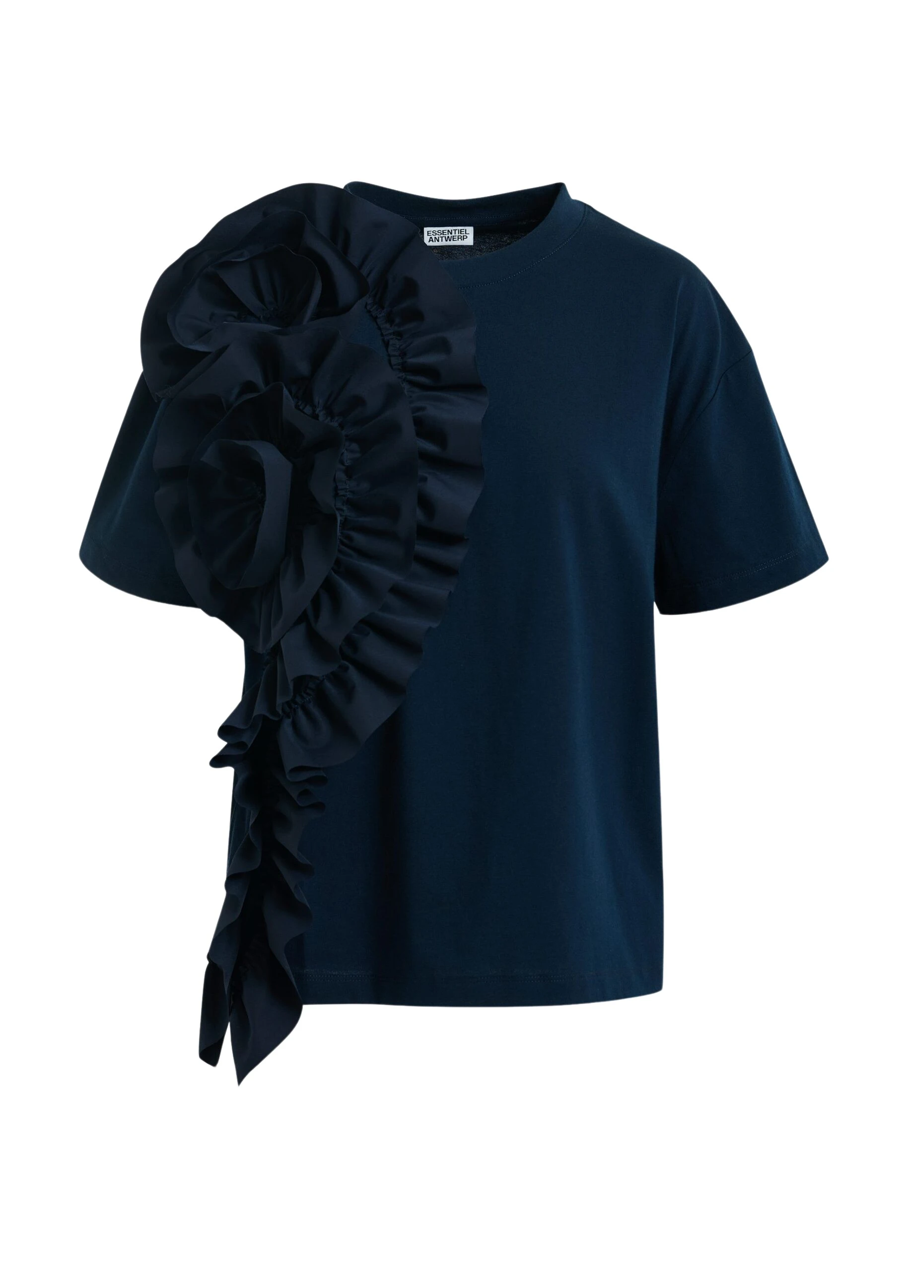 Essentiel-Antwerp-Navy-cotton-T-shirt-with-oversized-floral-ruffle-detail-scaled90176_nobg Navy cotton T-shirt with oversized floral ruffle detail