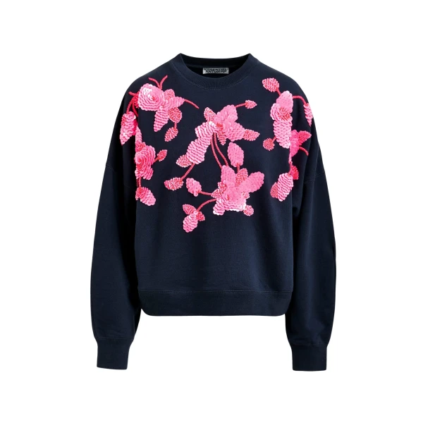 Navy cotton sweatshirt with pink floral sequin and bead-embellished embroidery
