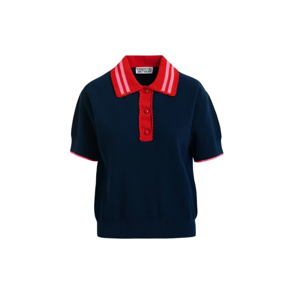 Navy fine knit polo top with red and pink lace-trimmed collar and strawberry-shaped buttons
