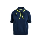 Navy fine-knit polo with bright yellow scarf-like contrast collar
