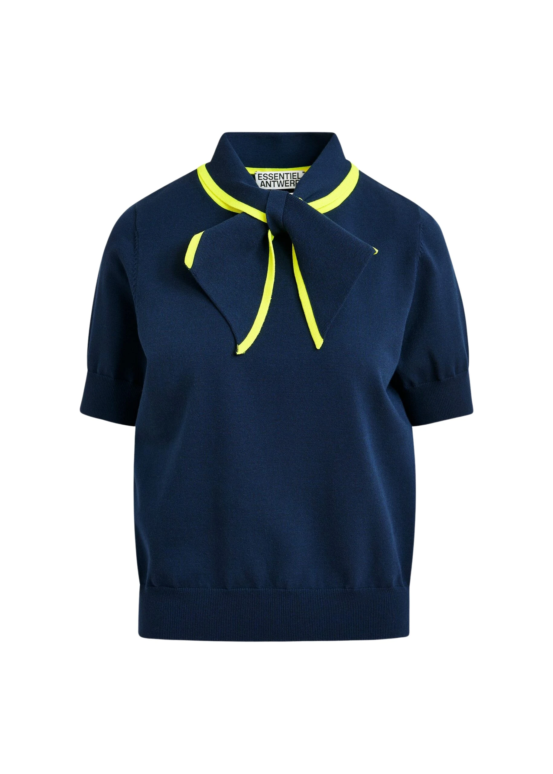 Essentiel-Antwerp-Navy-fine-knit-polo-with-bright-yellow-scarf-like-contrast-collar-scaled84318_nobg Navy fine-knit polo with bright yellow scarf-like contrast collar