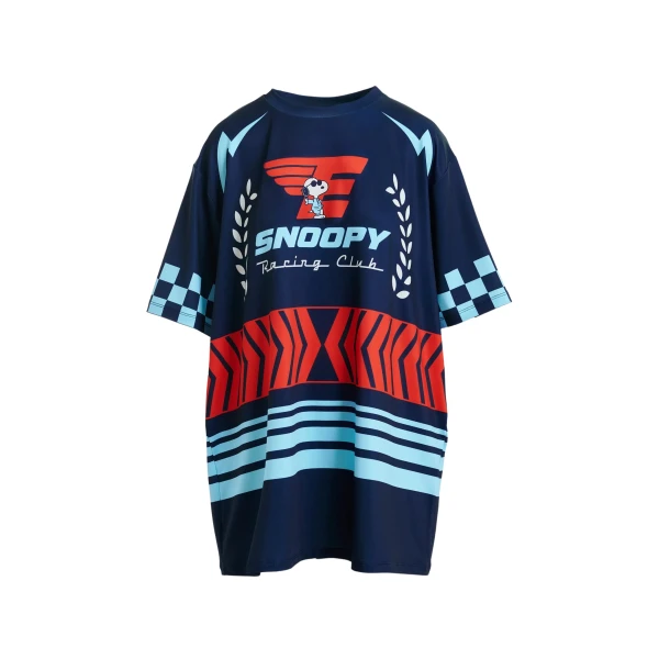 Navy graphic jersey mini dress with red and light blue Peanuts™ print