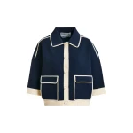 Navy knit cardigan with flower buttons and off-white contrasting trims
