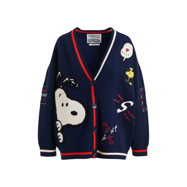Navy knit cardigan with multicolored Peanuts™ Snoopy and Woodstock patches