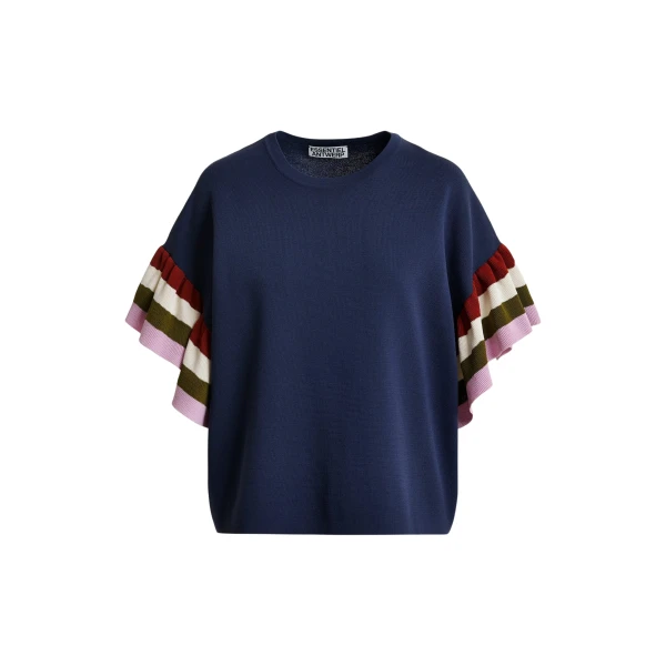 Navy knitted top with multicolored striped layered sleeves