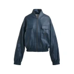 Navy oversized faux-leather bomber jacket