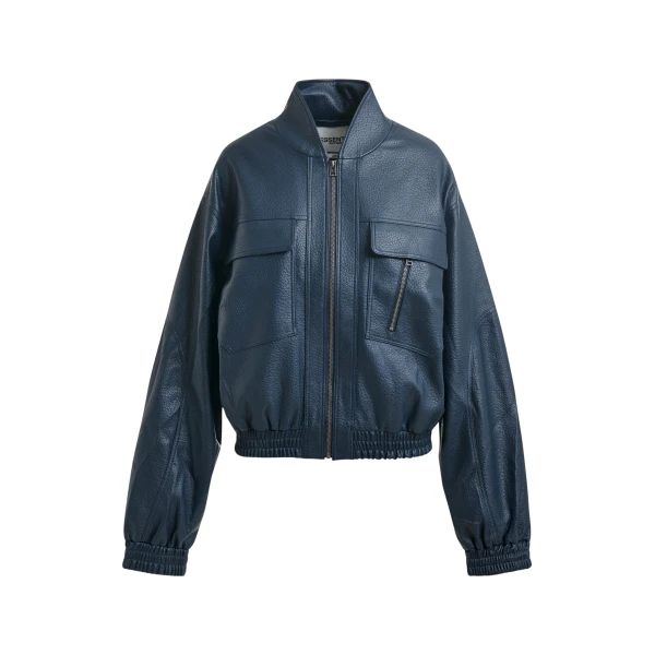 Navy oversized faux-leather bomber jacket