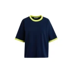 Navy slightly cropped knit T-shirt with bright yellow contrasting trim