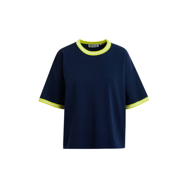 Navy slightly cropped knit T-shirt with bright yellow contrasting trim