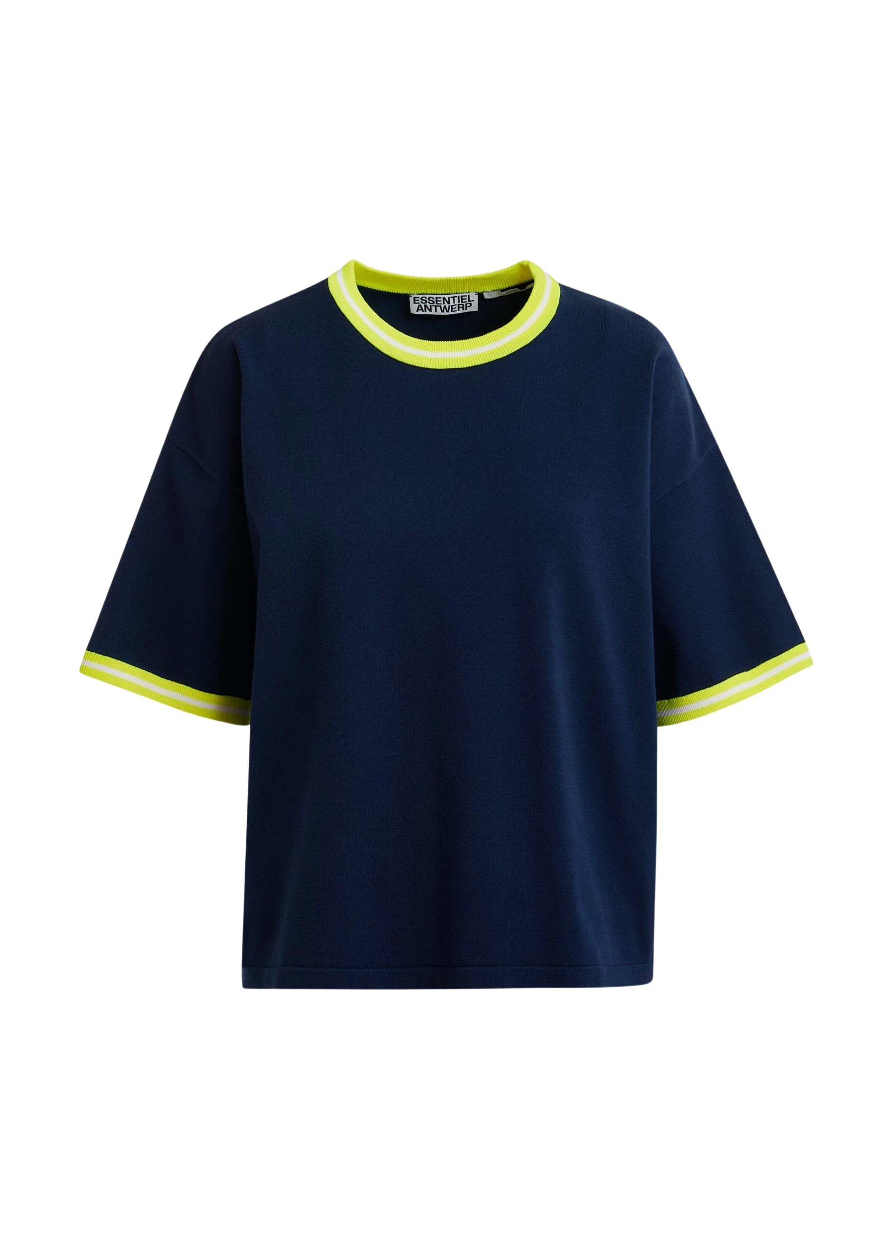 Essentiel-Antwerp-Navy-slightly-cropped-knit-T-shirt-with-bright-yellow-contrasting-trim-scaled53397_nobg Navy slightly cropped knit T-shirt with bright yellow contrasting trim