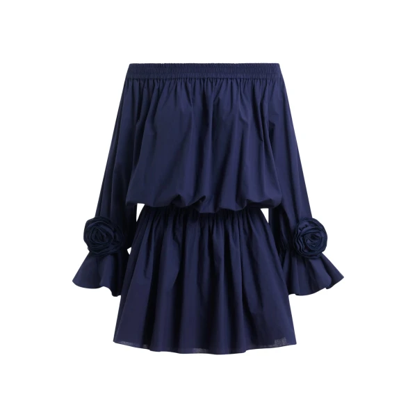 Navy strapless cotton mini dress with rosette details