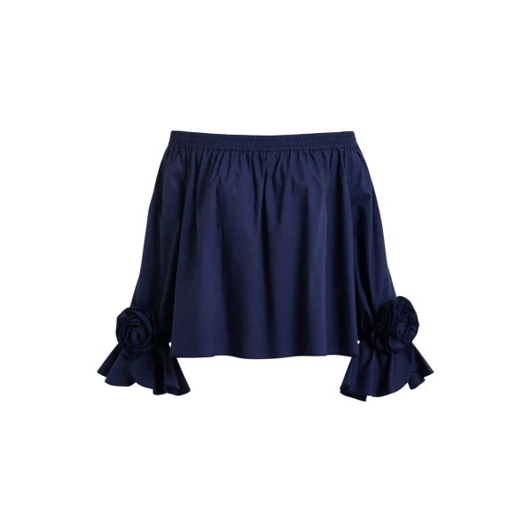 Navy strapless cotton top with rosette details