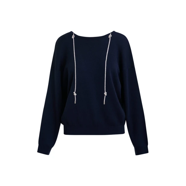 Navy sweater with rhinestone strings