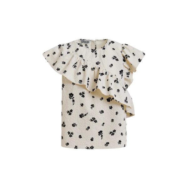 Off-white and black asymmetrical top with ruffle details