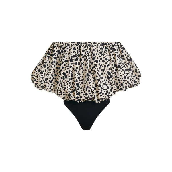 Off-white and black gathered bodysuit with puffed sleeves