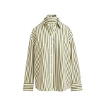 Off-white and green striped oversized shirt with rhinestone bib detail