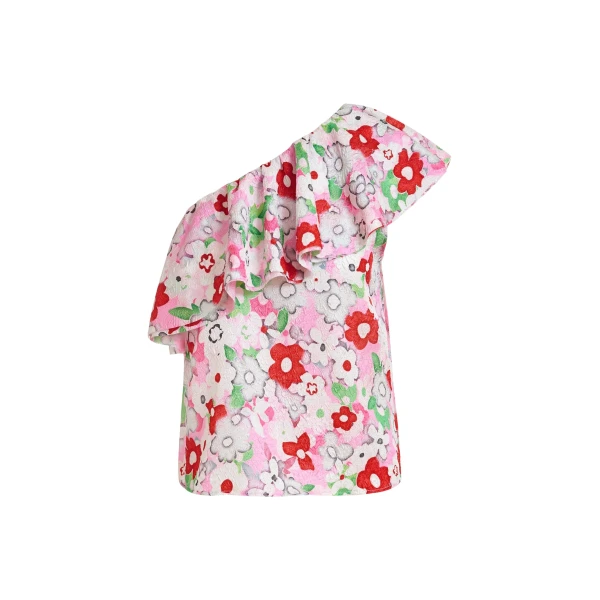 Off-white and multicolor asymmetric ruffle one-shoulder top