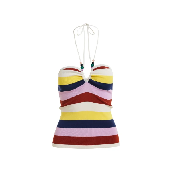 Off-white and multicolor striped halterneck knit top
